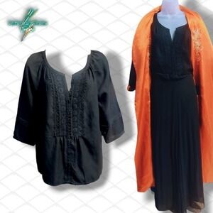 212 Collection Bohemian Black Chiffon Peasant Blouse, Medium New